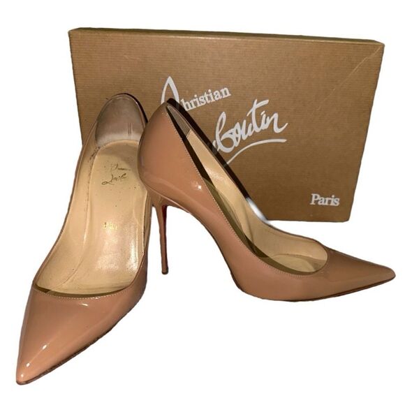 Christian Louboutin Decollete 554 Nude Patent Leather Pointed Toe Heels Pumps - Picture 1 of 8